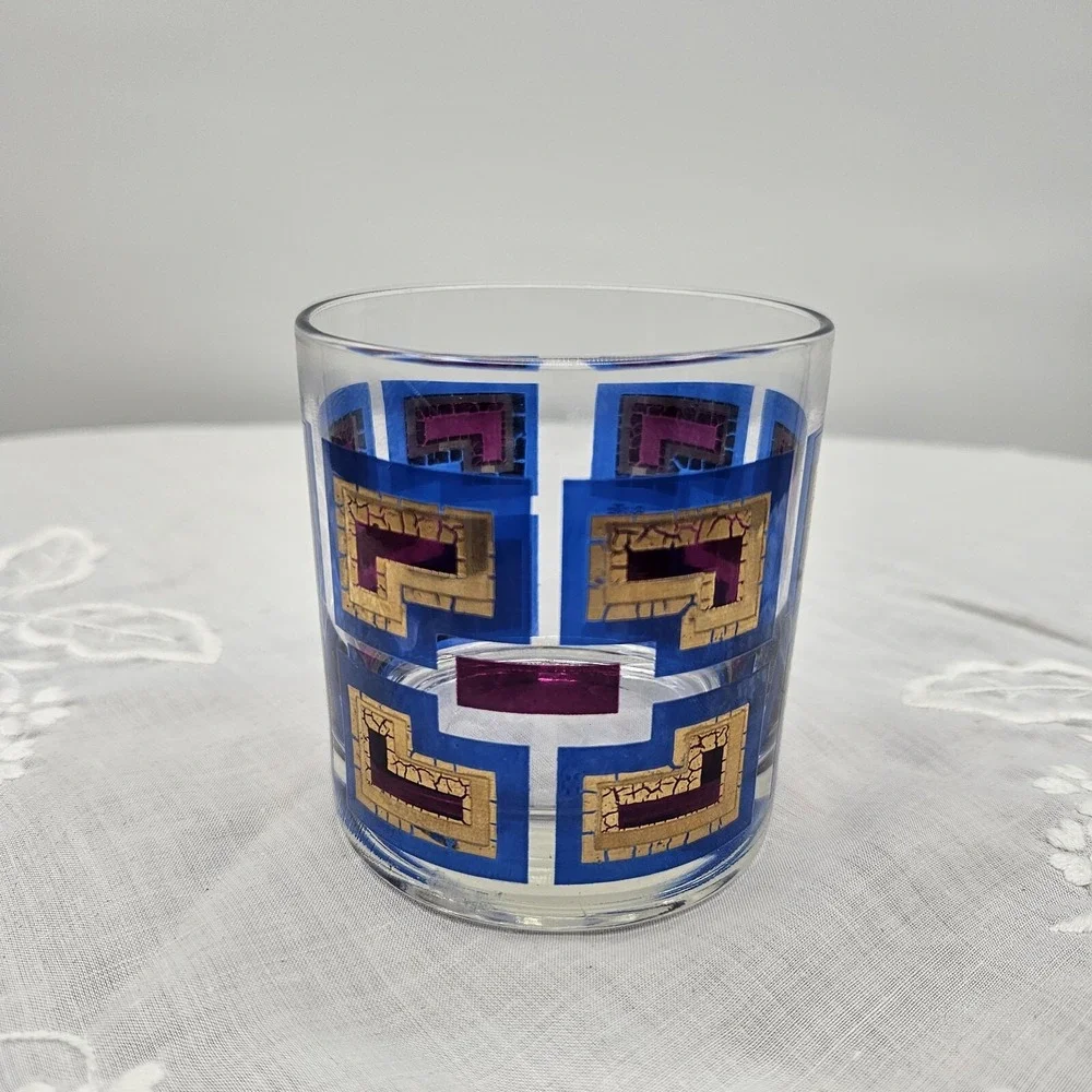 Vintage Berta MCM Rocks Glass Blue Purple Gold Greek Key‎ Geometric Barware